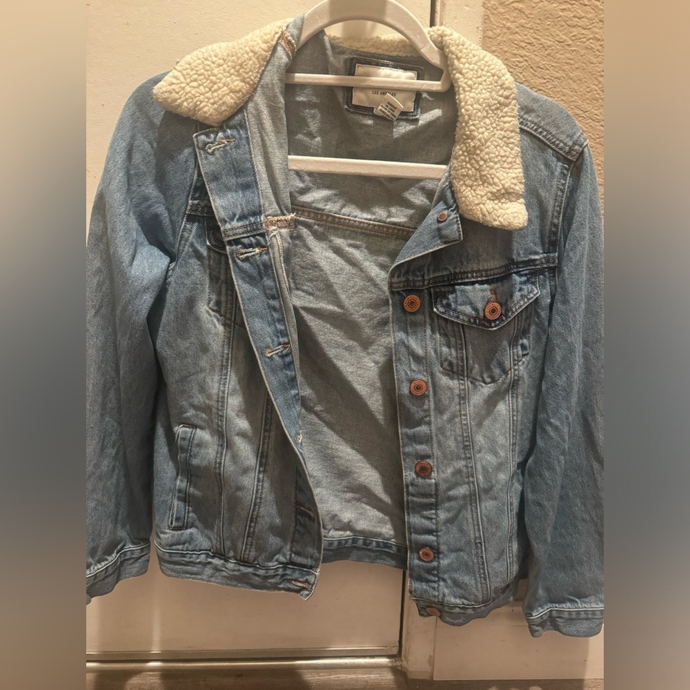 Forever 21 Light Blue Jean Jacket with White Sherpa Collar